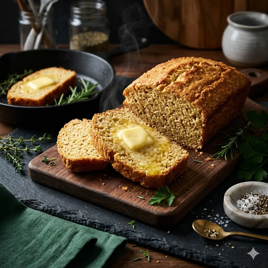Keto Bread & Baking hub hero, a sliced golden almond-flour keto loaf with a pat of butter melting into a warm slice