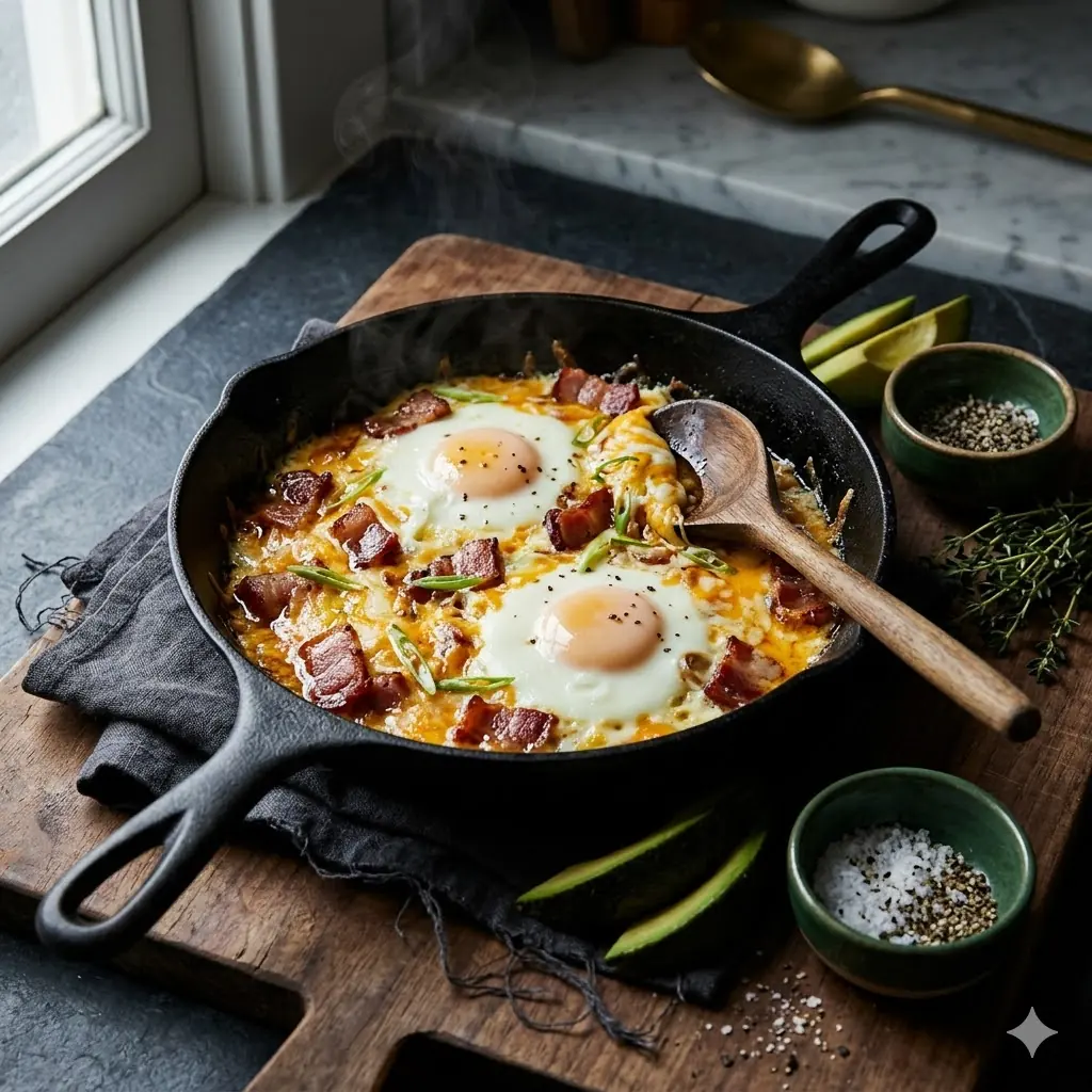 Keto Breakfasts hub hero, a cast-iron skillet of baked eggs with melted cheese, crisp bacon and sliced avocado