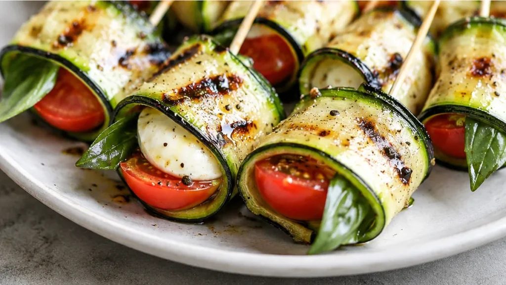Caprese Skewers with Grilled Zucchini - Caprese skewers: make these vibrant, grilled zucchini roll-ups. A fresh and flavorful appetizer that's perfect for any o