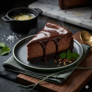 Keto Desserts & Sweets hub hero, a slice of keto chocolate cheesecake with a glossy dark ganache dripping down the side