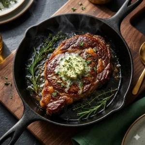Keto Dinners & Mains hub hero, a sizzling butter-basted ribeye steak with herb compound butter melting over the top