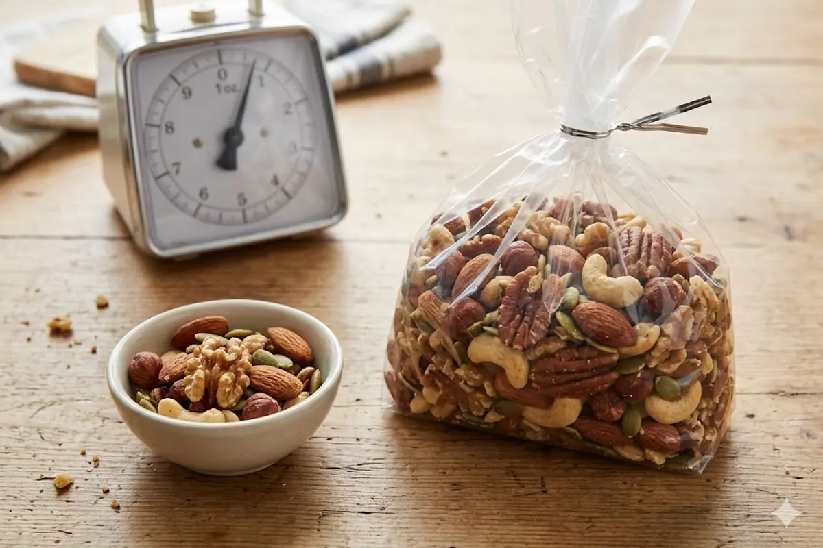 The Portion Trap Nobody Talks About Keto nut portion control: a measured one-ounce serving beside a full bag