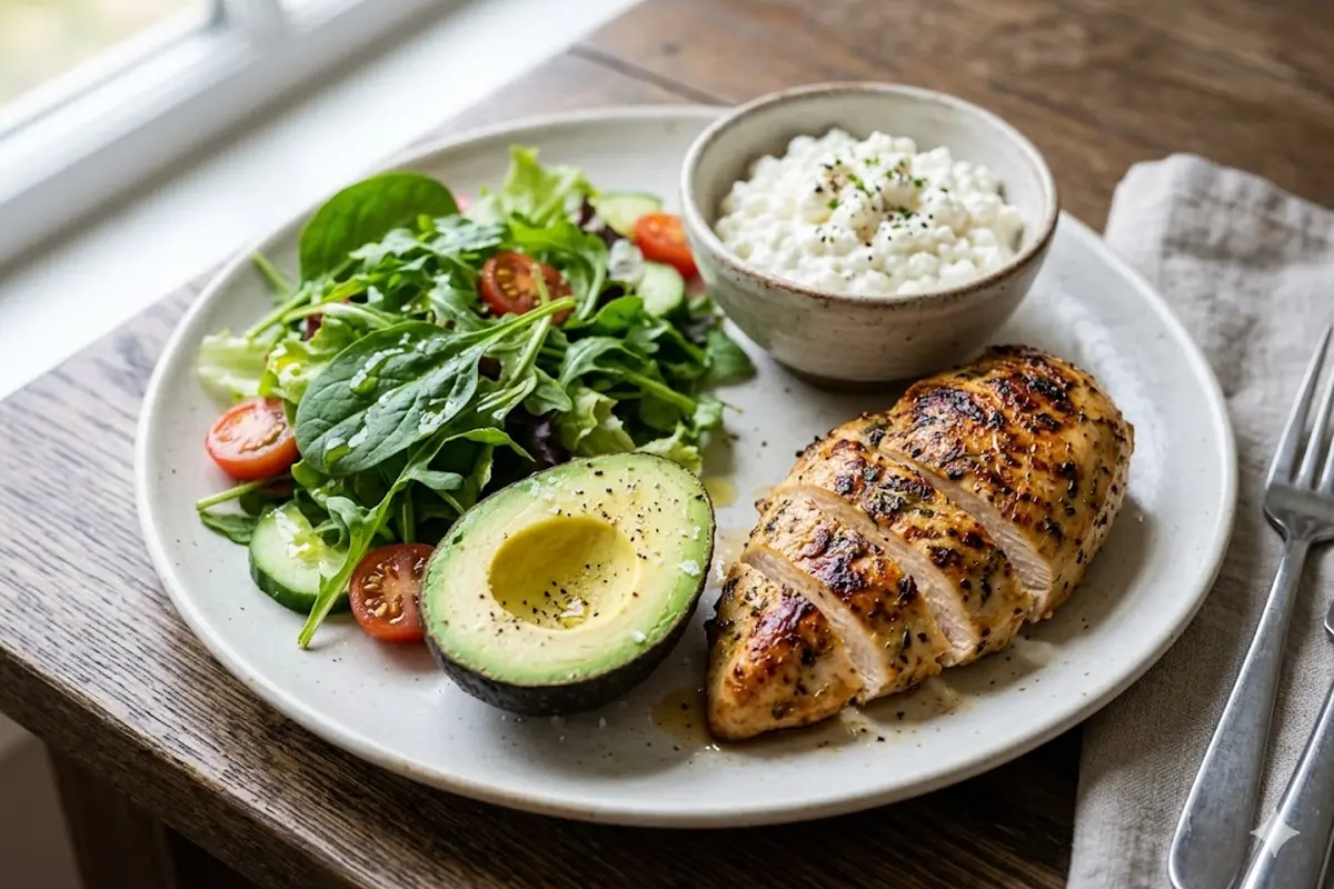 How to Build a High-Protein Keto Plate High-protein keto plate: seared chicken, avocado, salad and cottage cheese