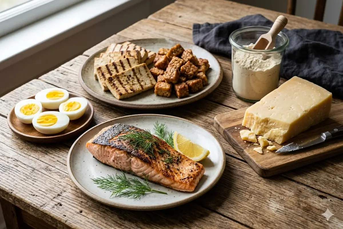 Protein Quality and Sources Beyond Meat Keto protein sources beyond meat: eggs, salmon, tofu, tempeh and cheese