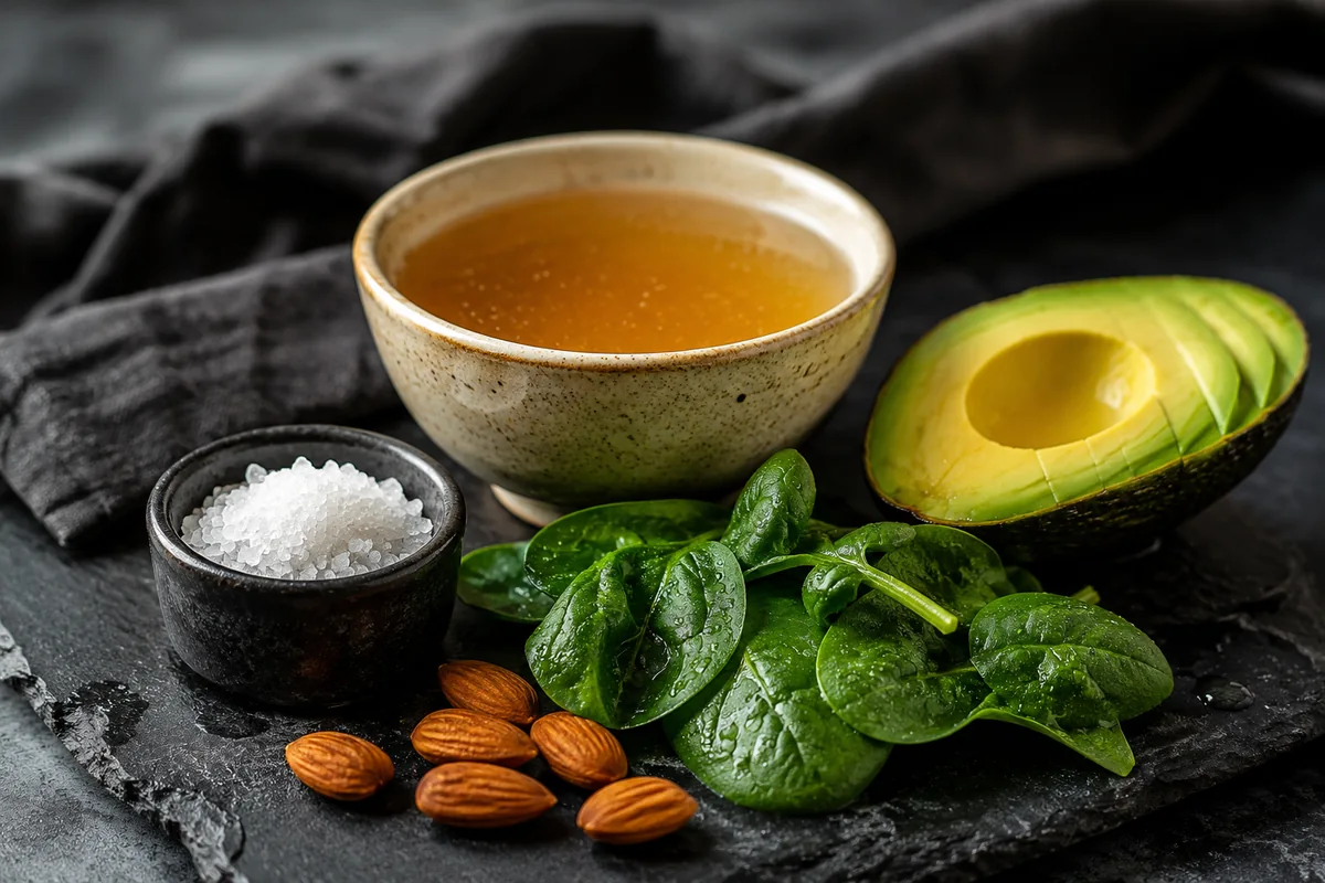 Keto electrolytes sodium potassium magnesium foods Salt, broth, avocado, spinach and almonds arranged as keto electrolyte sources