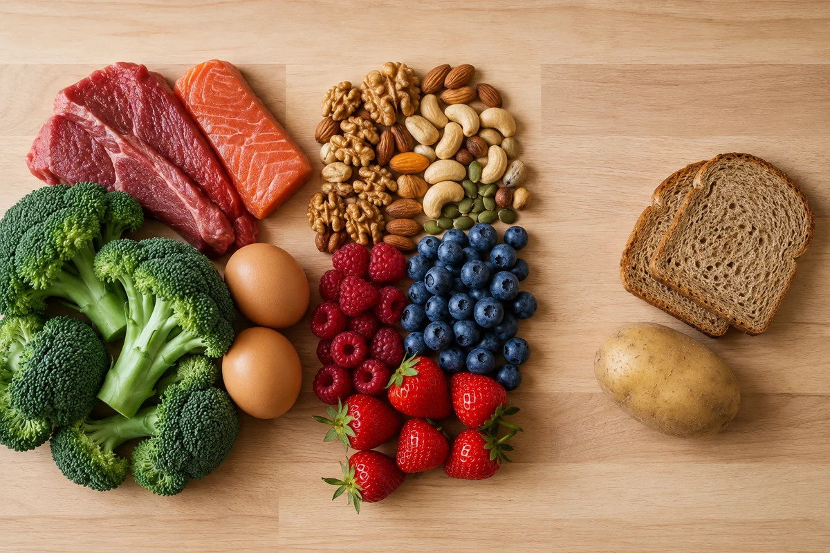 Keto food list eat avoid moderation Keto foods sorted into eat freely, moderation, and avoid groups on a table