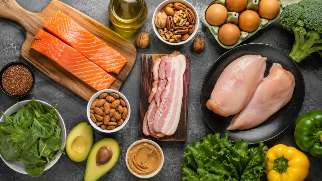 Start keto diet, beautifully styled overhead food photograph
