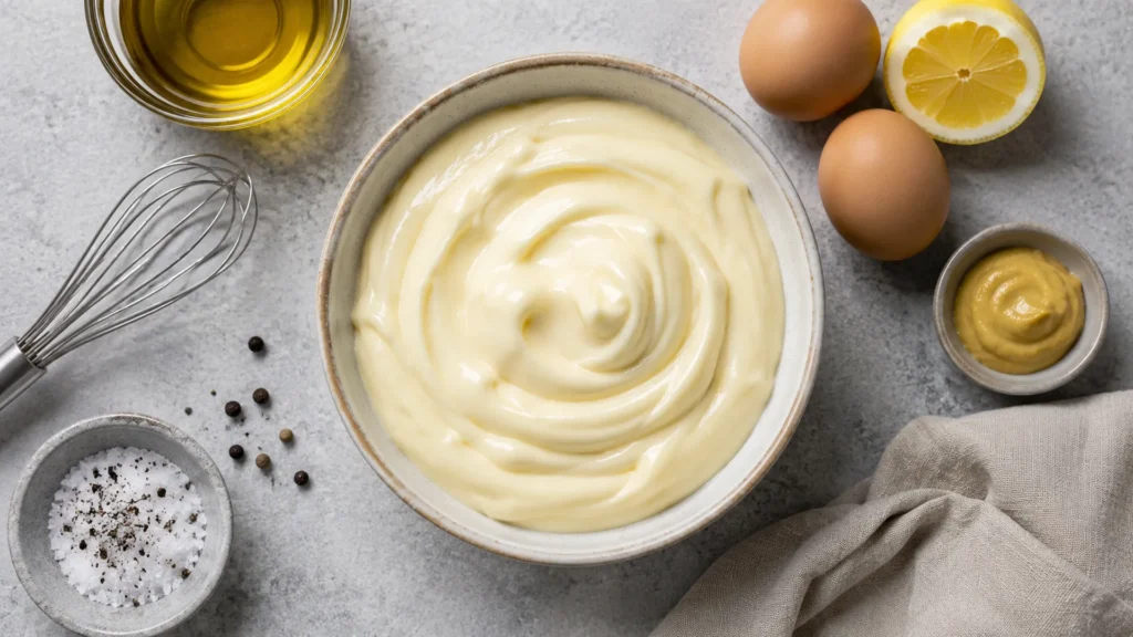 Mayonnaise keto friendly, beautifully styled overhead food photograph