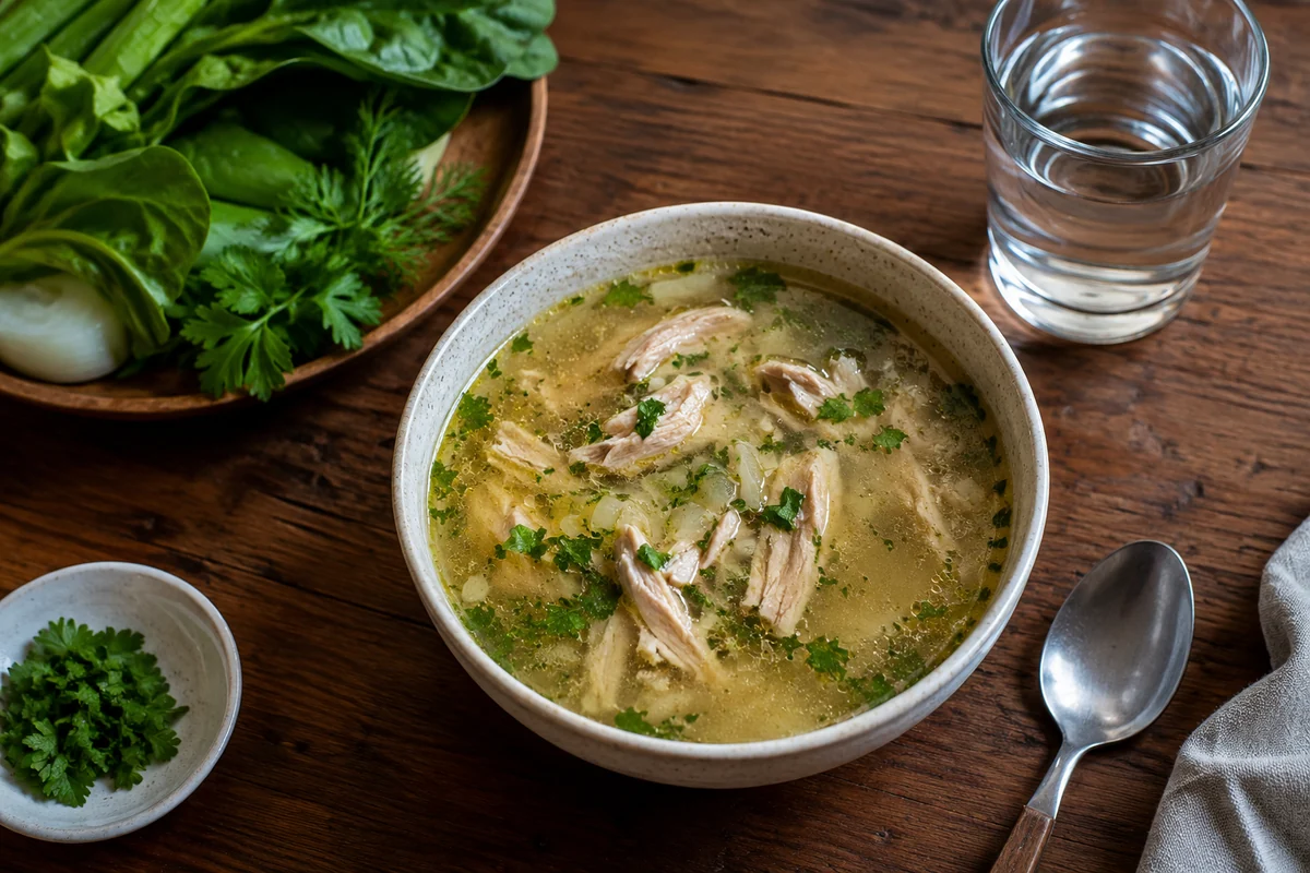 Broth and water for keto hydration A bowl of chicken broth, a glass of water and greens for keto hydration