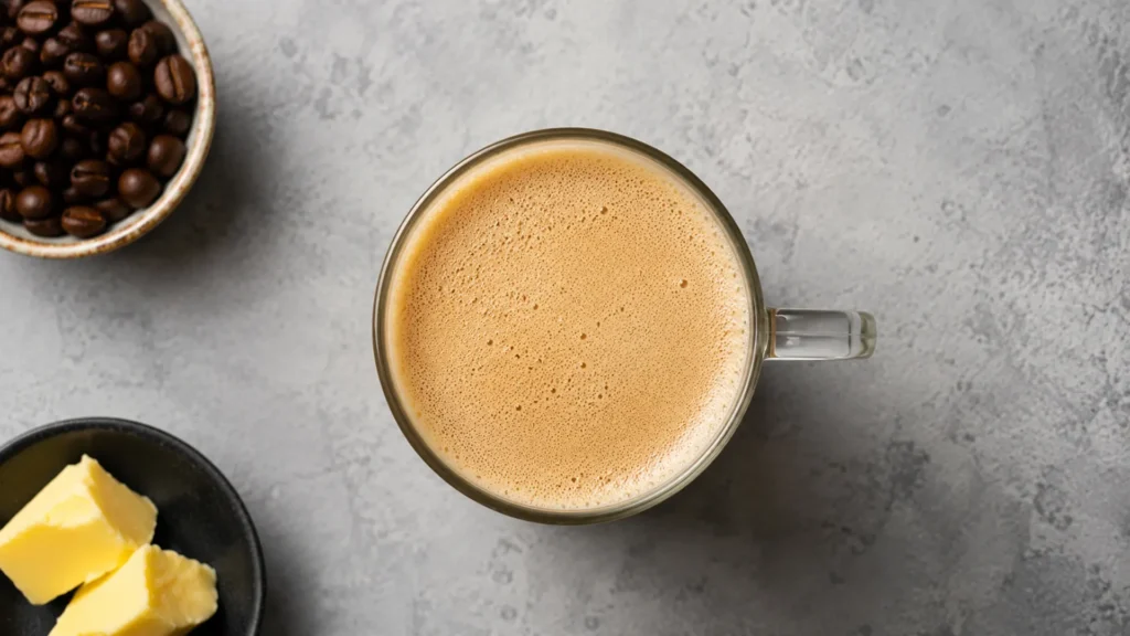 Keto coffee, beautifully styled overhead food photograph