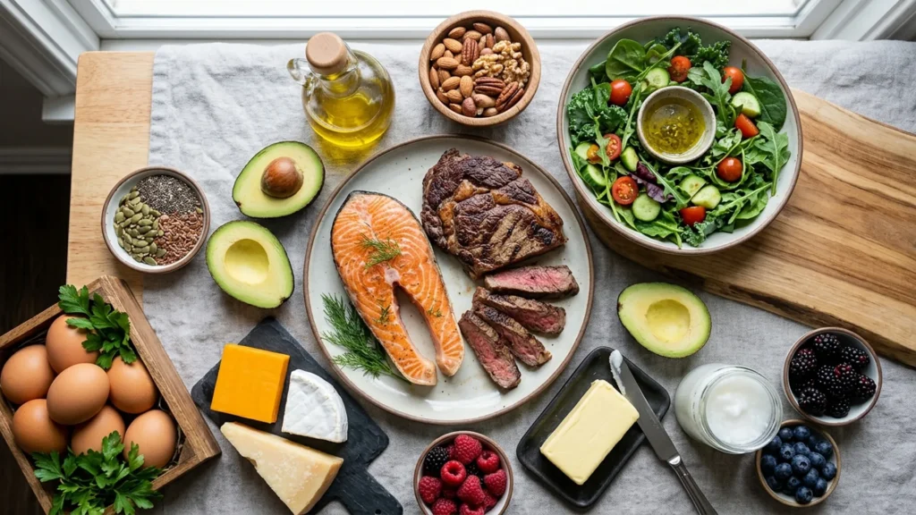 Keto diet guidelines, beautifully styled overhead food photograph