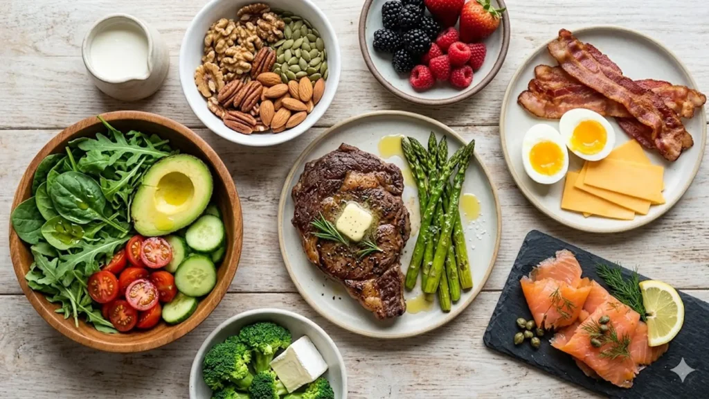 Keto food list, beautifully styled overhead food photograph