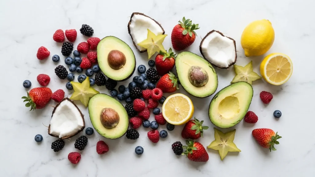 Keto friendly fruits, beautifully styled overhead food photograph