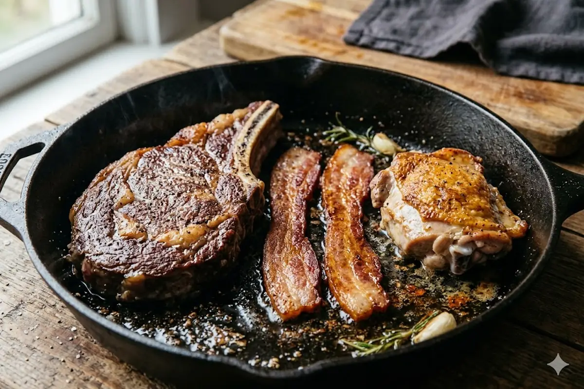The Best Keto Meats, Ranked by How They Behave Fatty keto meat cuts: marbled ribeye, bacon and chicken thigh in a cast-iron pan