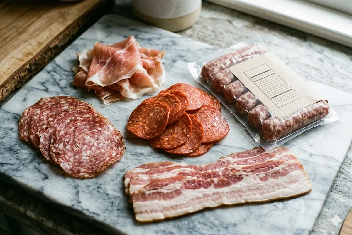Reading Labels on Processed Meats Processed and cured keto meats: salami, prosciutto, pepperoni and sausage with a label