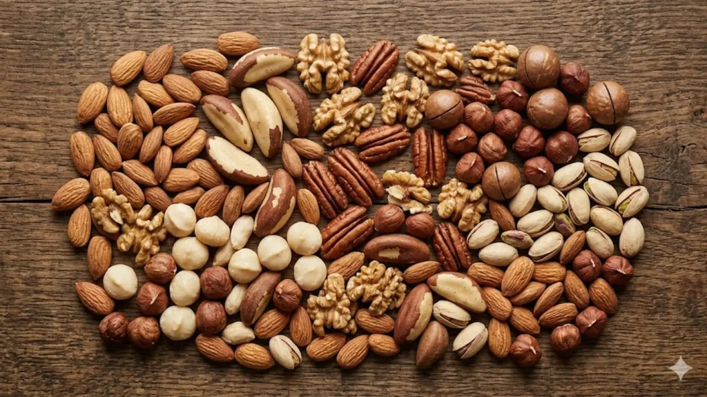 Keto friendly nuts, beautifully styled overhead food photograph