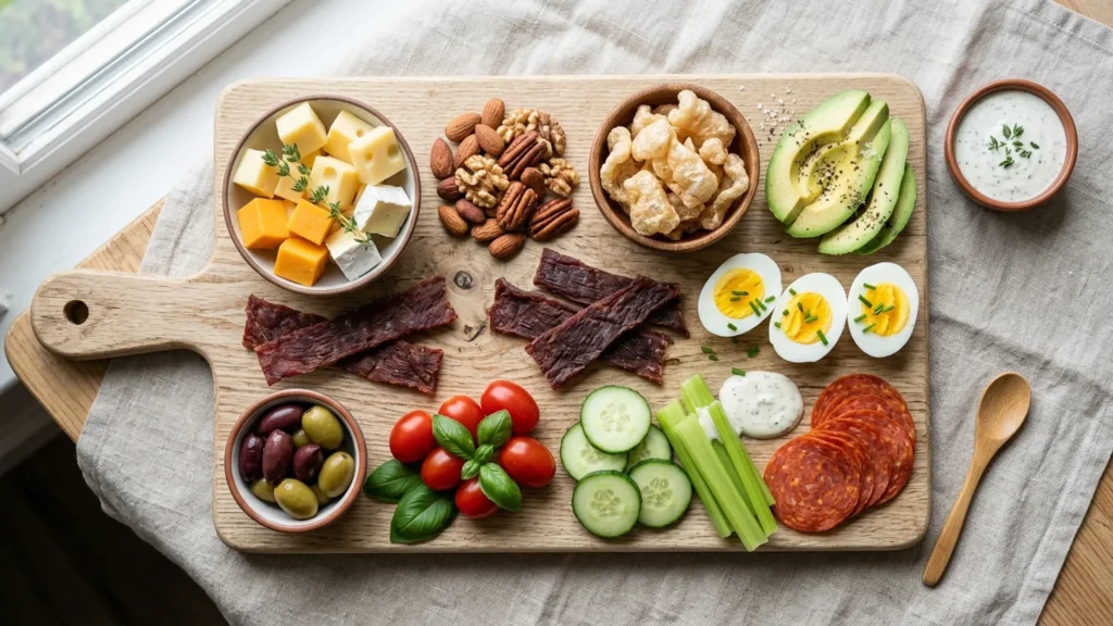 Keto friendly snacks, beautifully styled overhead food photograph