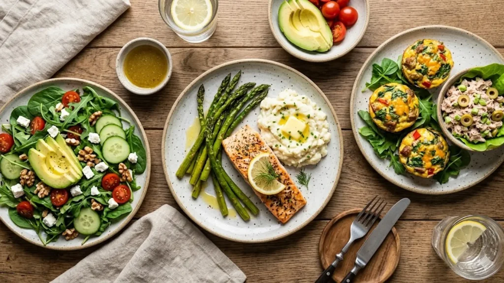 Keto lunch ideas, beautifully styled overhead food photograph