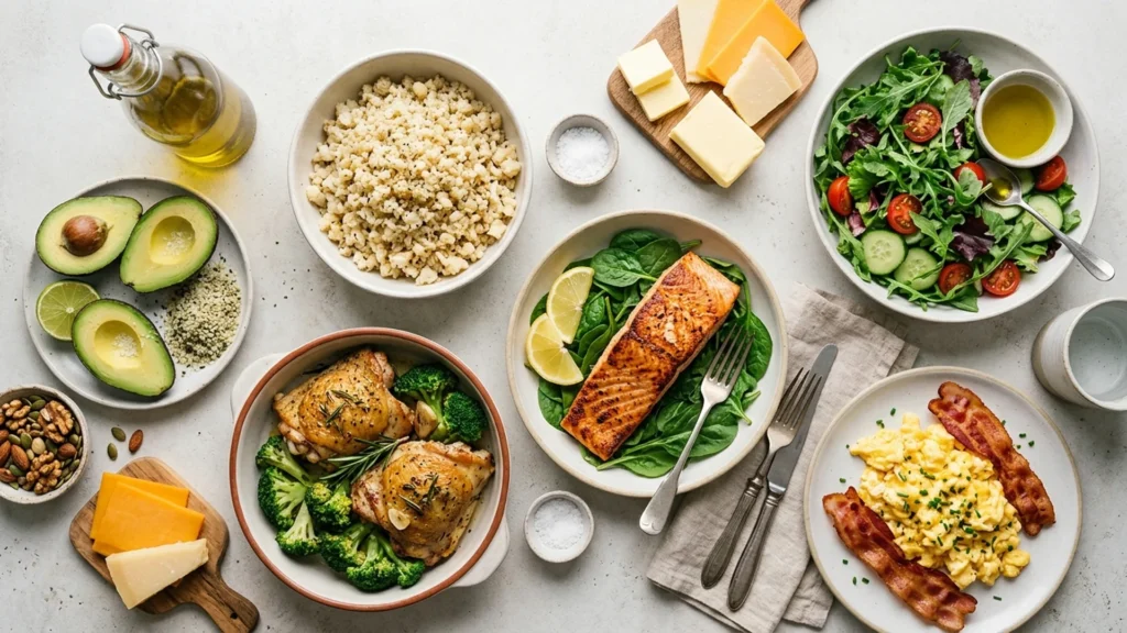 Keto meals, beautifully styled overhead food photograph