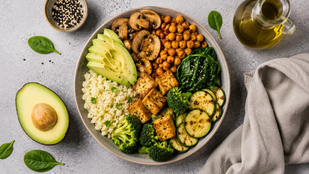 Keto vegetarian, beautifully styled overhead food photograph