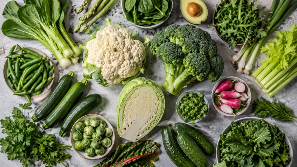 Lowest carb vegetables keto, beautifully styled overhead food photograph