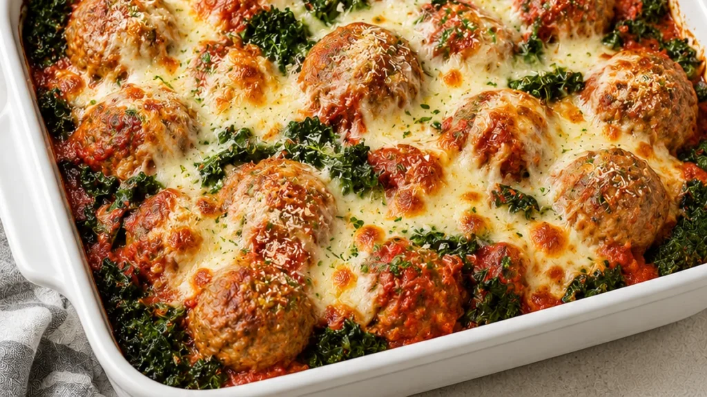 Keto Meatball Parm & Kale Casserole: Cheesy, Low-Carb Bliss! - meatball casserole - Meatball casserole: Bake this ultimate keto meatball parm and kale casserole