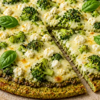 Low-Carb Pesto Broccoli Pizza - pesto pizza - Pesto pizza: Make this amazing low-carb pizza with a broccoli crust and creamy cheeses in under an hour. Perfect f