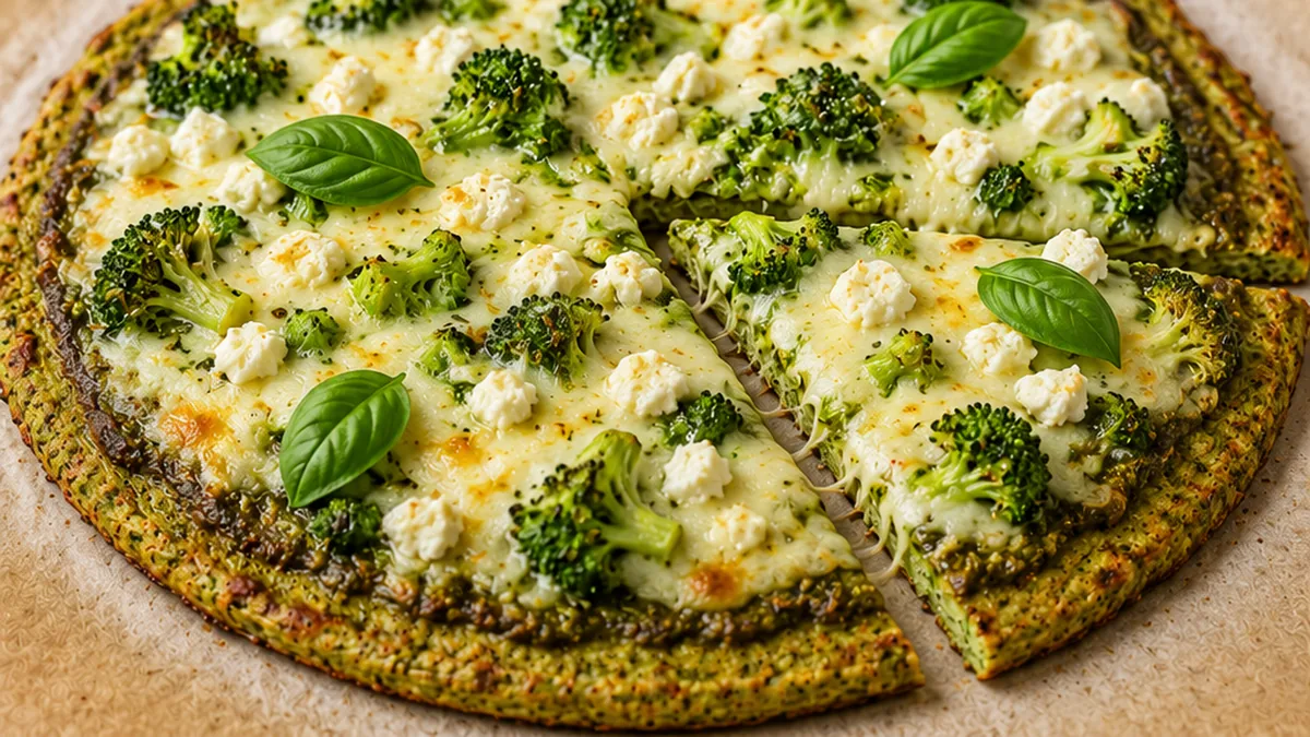 Low-Carb Pesto Broccoli Pizza - pesto pizza - Pesto pizza: Make this amazing low-carb pizza with a broccoli crust and creamy cheeses in under an hour. Perfect f