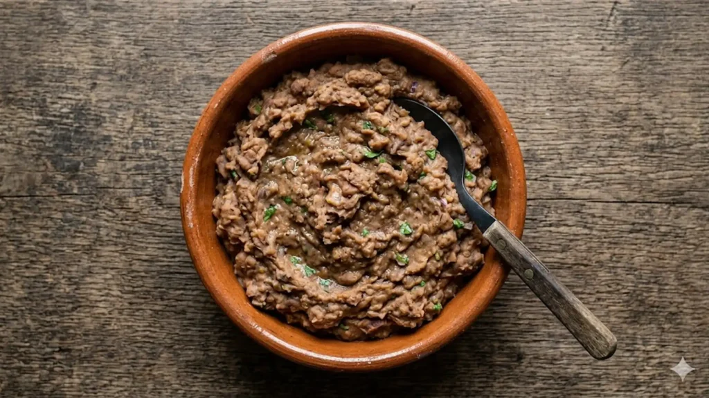 Refried beans keto, beautifully styled overhead food photograph