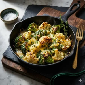 Keto Sides & Veggies hub hero, a cast-iron skillet of roasted broccoli and cauliflower with melted parmesan and crisp golden edges