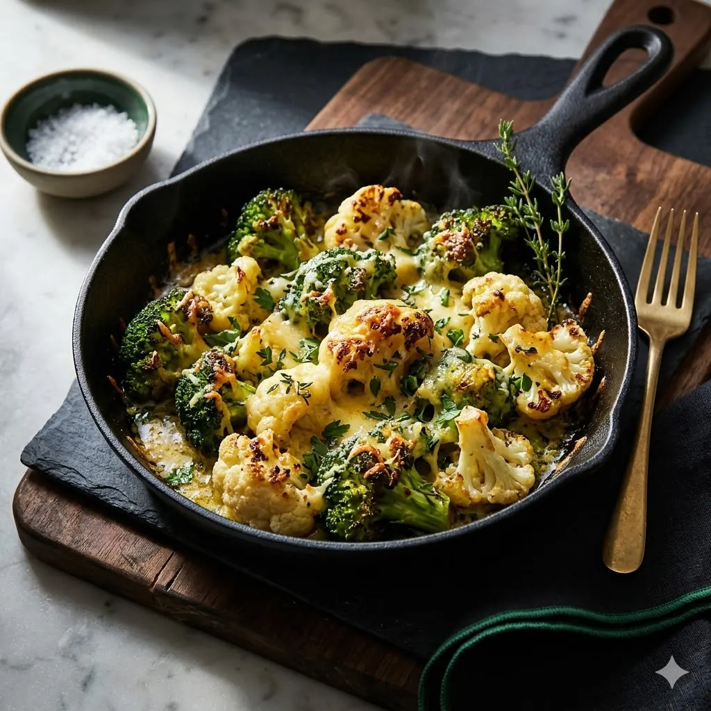 Keto Sides & Veggies hub hero, a cast-iron skillet of roasted broccoli and cauliflower with melted parmesan and crisp golden edges