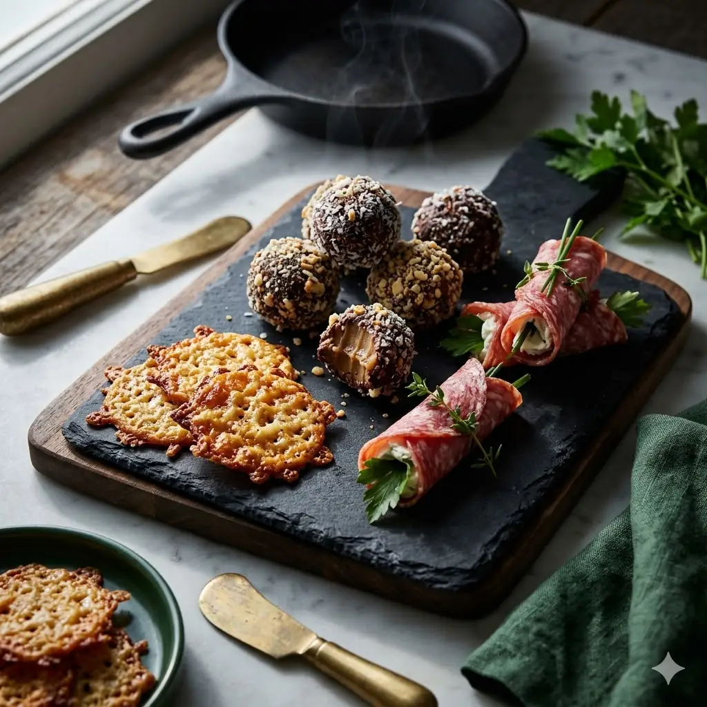 Keto Snacks & Fat Bombs hub hero, a slate board of keto fat bombs, golden cheese crisps and rolled salami with herbs