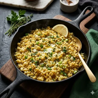 Cauliflower Rice, a skillet of buttery golden cauliflower rice with herbs and scallions
