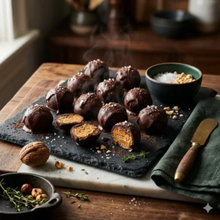 Fat Bombs, a slate board of chocolate and peanut butter keto fat bombs