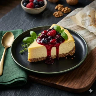 Keto Cheesecake, a slice of creamy keto cheesecake with a berry compote and a glossy drip
