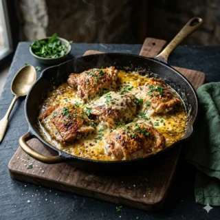 Keto Chicken, a skillet of creamy garlic butter keto chicken thighs with herbs