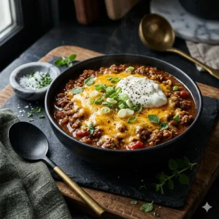 Keto Chili, a bowl of no-bean keto chili topped with melted cheddar, sour cream and scallions