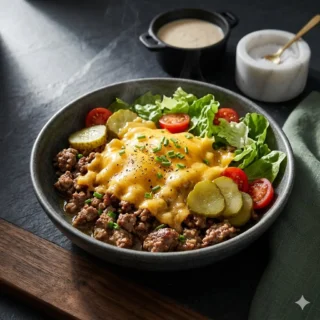 Keto Ground Beef, a cheeseburger bowl with seasoned ground beef, melted cheddar, lettuce and pickles