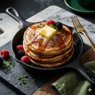 Keto Pancakes, a stack of fluffy almond-flour keto pancakes with butter and sugar-free syrup