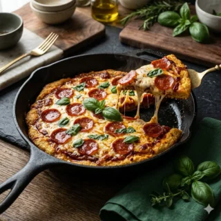 Keto Pizza, a fathead-dough keto pizza with bubbling mozzarella, pepperoni and fresh basil