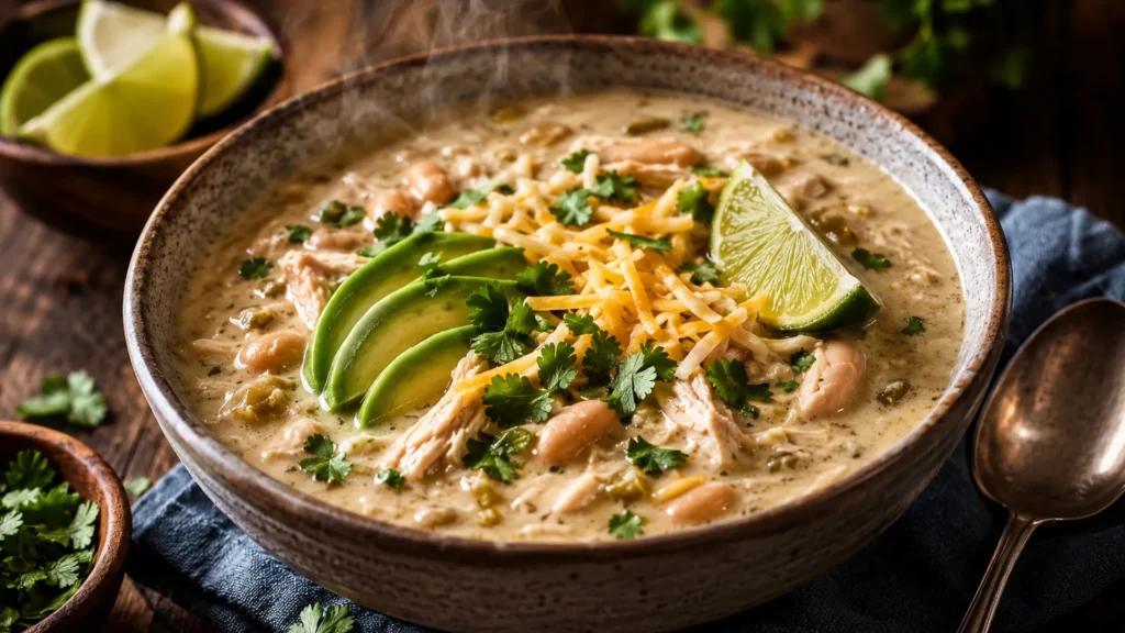 Creamy keto white chicken chili topped with avocado, cilantro and cheese in a rustic bowl