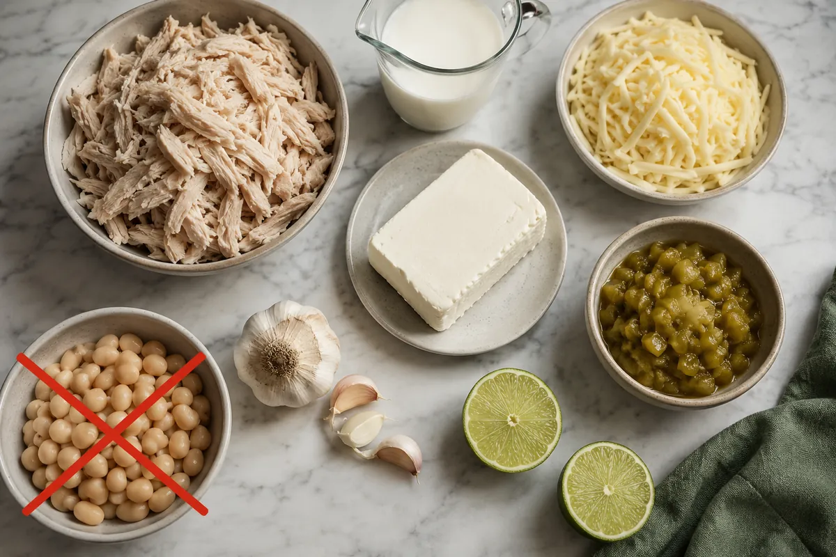Keto white chicken chili ingredients including chicken, cream cheese, chiles and cheese laid out on a counter