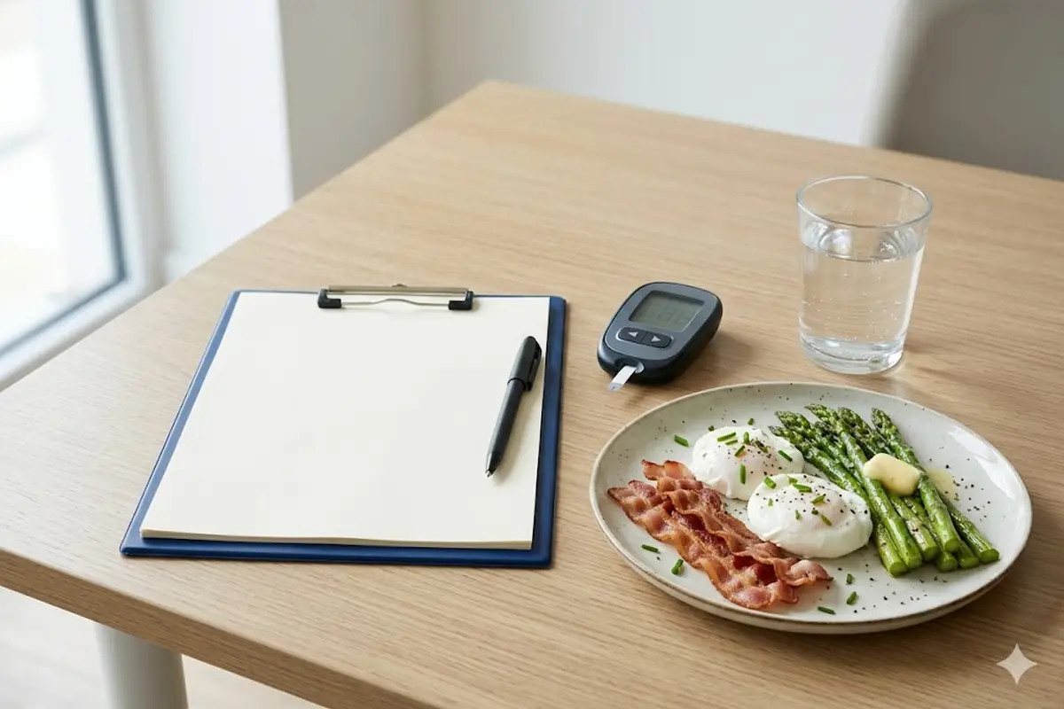 Keto health caution: glucose meter and clipboard beside a keto plate