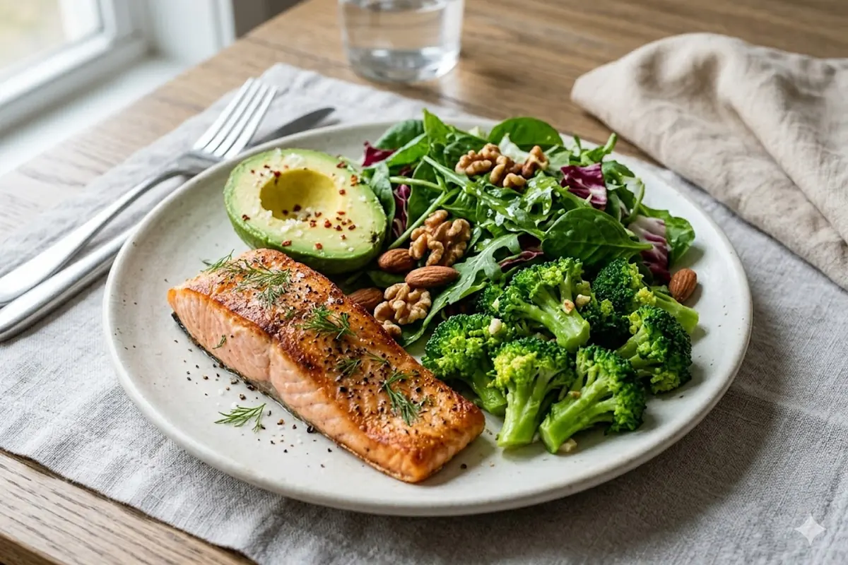 Safer keto plate: salmon, avocado, leafy greens, broccoli and olive oil