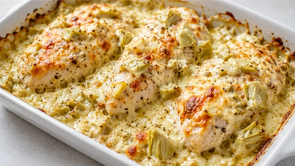 Cheesy Artichoke Chicken Bake - Artichoke chicken: bake this creamy, savory chicken dish in under an hour. Perfect for a weeknight dinner with minimal prep and