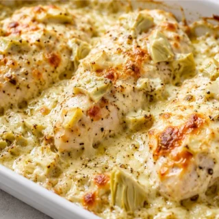 Cheesy Artichoke Chicken Bake - Artichoke chicken: bake this creamy, savory chicken dish in under an hour. Perfect for a weeknight dinner with minimal prep and