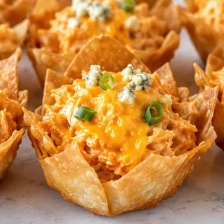 ️ Buffalo Chicken Wonton Cupcakes - buffalo chicken cupcakes - Buffalo Chicken Cupcakes: bake these savory, spicy bites with a creamy chicken filling and crispy