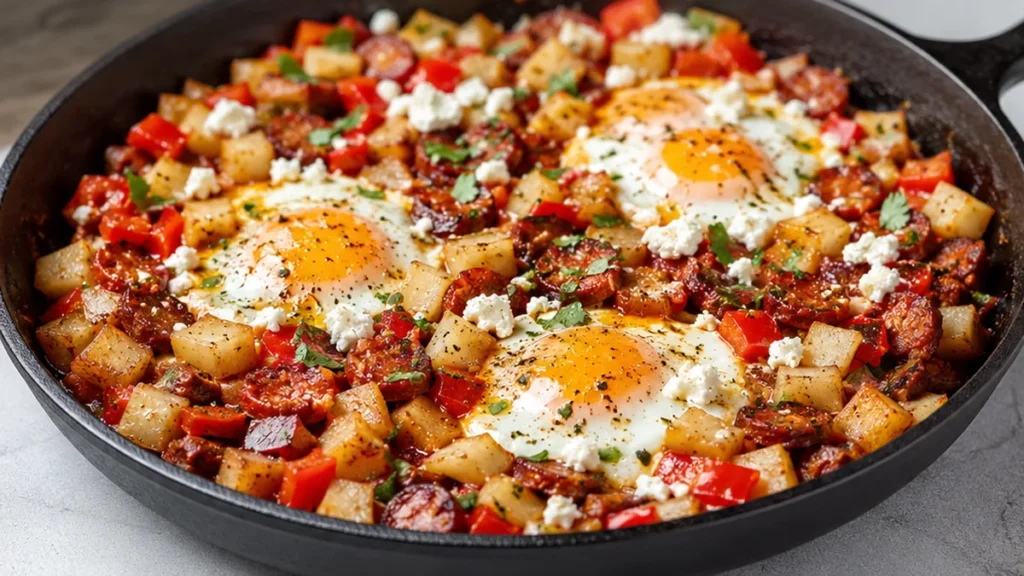 Sizzling Chorizo & Egg Skillet Brunch - chorizo egg - Chorizo egg skillet: cook this hearty, flavorful breakfast in one pan. Spicy chorizo, tender jicama, and p