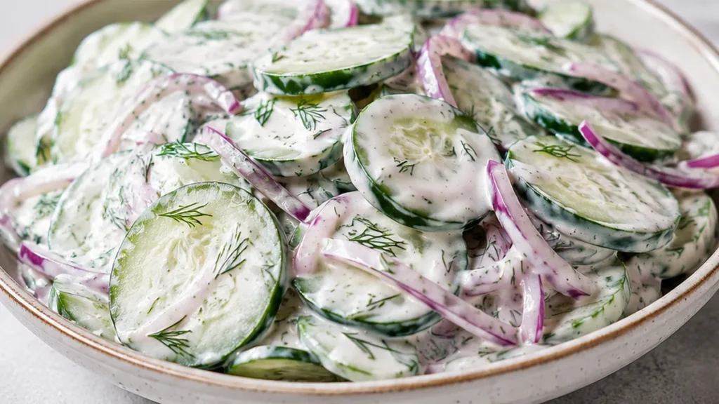 Crispy, Creamy Cucumber Salad! Cucumber salad: make this creamy, refreshing side dish in minutes. Perfect for summer gatherings, it's a quick and flavorful addi
