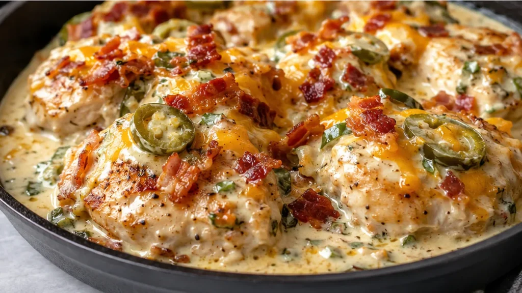 Creamy Jalapeño Popper Chicken - jalapeno chicken - Jalapeno chicken: bake this creamy, cheesy popper-style dish with bacon. A fantastic weeknight meal with a k
